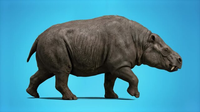 A realistic 3D walk cycle of the extinct Pleistocene mammal Toxodon moving against a solid blue backdrop. Perfect for evolutionary biology projects, paleontology documentaries, and ancient ice age wil