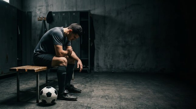 Disappointed Soccer Player Sitting Alone in Locker Room After Match,Football Player Reflecting After Tough Defeat,Emotional Soccer Athlete in Locker Room,Soccer Player Resting After Intense Match
