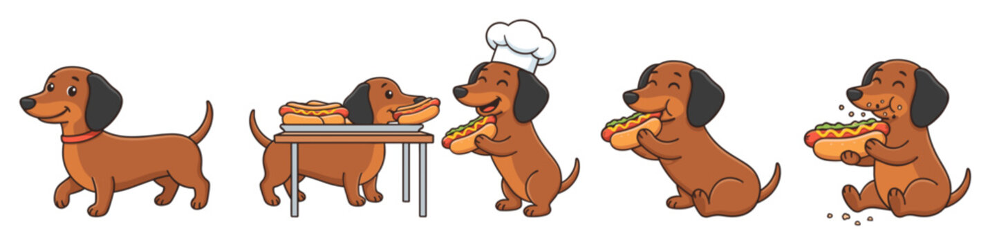 Dachshund hot vector dog cartoon character. Cute funny wiener pet animal eating sausage bun and wearing chef hat illustration set.