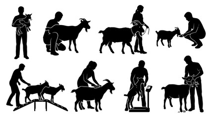 Fototapeta premium Goatie vector goat farmer silhouette set. Agricultural people working, feeding, milking, and caring for livestock farm animal character illustration.