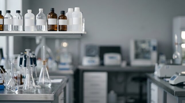 Modern Laboratory Interior with Scientific Glassware and Chemical Reagent Bottles