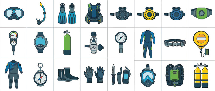 Collection of Scuba Diving Equipment Icons