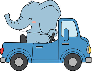 Cute cartoon elephant driving a blue pickup truck, happy animal character © lukman
