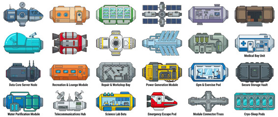 Fototapeta premium Pixel Art Space Station Modules Collection