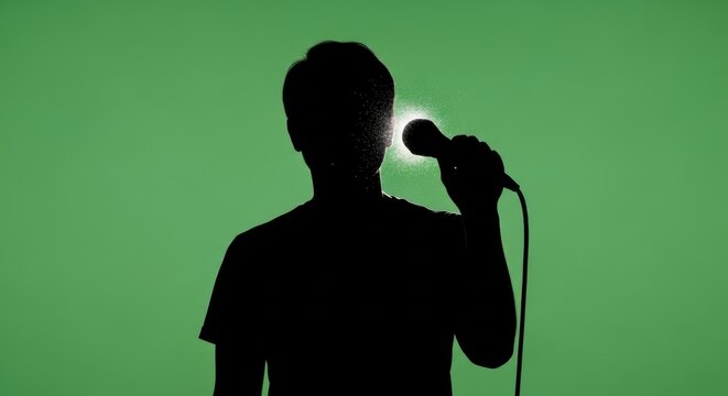 A silhouette of a man singing into a microphone on stage with spotlight