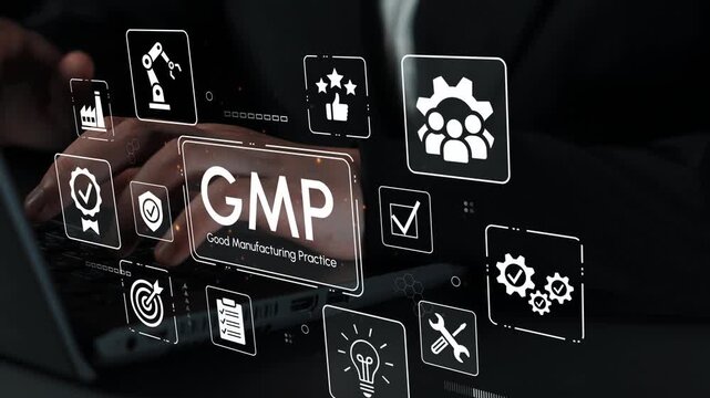 Hands of a Professional Typing on a Laptop with Digital Icons Representing Good Manufacturing Practices and Quality Control Concepts. Entropy.