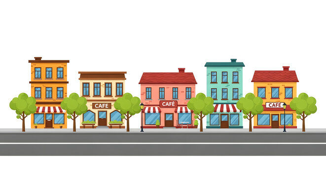 Colorful city street with small shops and cafes, urban landscape illustration with buildings and trees