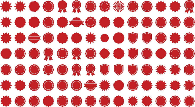 Red circular promo sticker mega bundle containing blank discount price tags, guarantee starburst badges, ribbon seals, and commercial sale offer vector buttons.