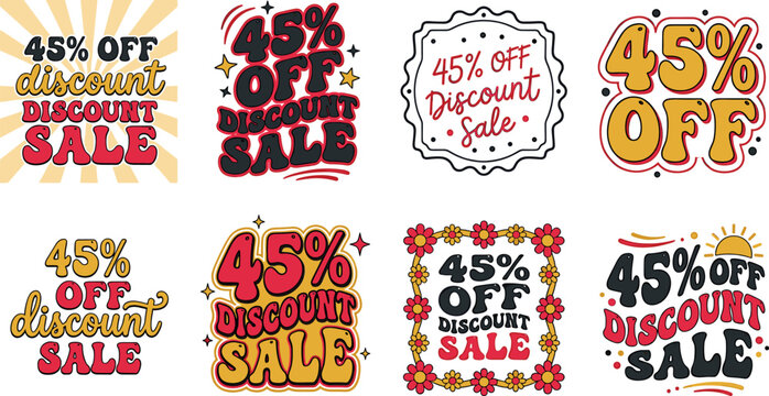 Retro wavy forty five percent off discount sale badge typography collection with groovy hand drawn promotional commercial stickers vector