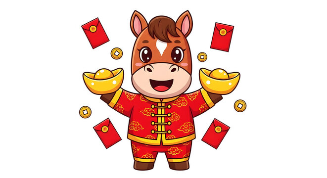 Cute Cartoon Horse Character Celebrating Chinese New Year with Gold Sycee and Red Envelopes