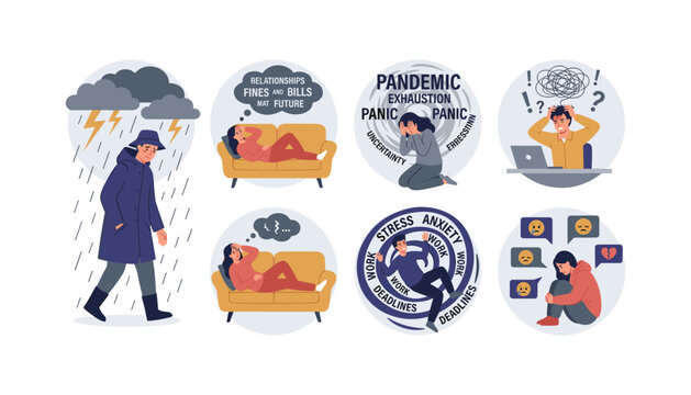 Mental health problems and depression concept set with stressed people anxiety panic and work burnout flat vector illustrations