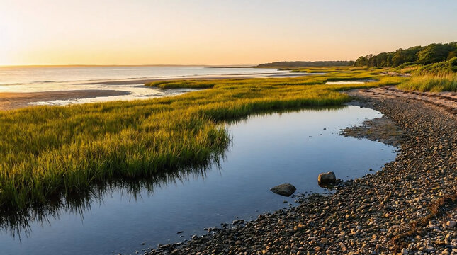 A serene coastal bird habitat featuring lush green salt marsh grasses and a calm tidal pool along a pebbled shoreline under a warm golden hour sunset
