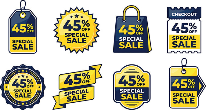 Special sale tag bundle featuring forty five percent off discount stickers, retail shopping bag labels, and promotional checkout ribbon vectors.