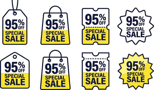 Special sale tag bundle featuring ninety five percent off discount stickers, retail shopping bag labels, and promotional coupon voucher vectors.