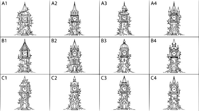 Ornate Clock Tower Sketches - Gothic Architecture, Fantasy Elements, Vintage Style