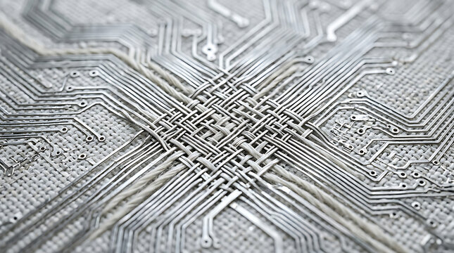 Close up of silver metallic circuit traces integrated into a white woven fabric texture, showcasing electronic textile patterns, wearable technology hardware, and complex metallic paths.
