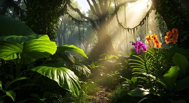 Enchanted tropical rainforest with sunbeams filtering through dense canopy, lush green foliage, vibrant purple and orange orchids, and a mysterious forest path