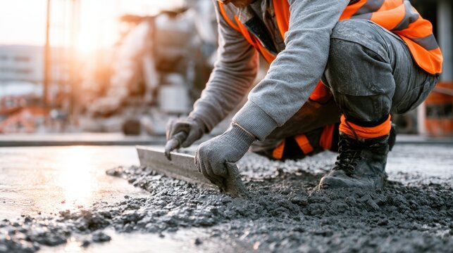 Construction worker in safety vest and gloves smoothing freshly poured concrete on outdoor site during sunset for building pavement or foundation work close-up