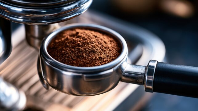 Close-up of finely ground coffee powder in a metal portafilter ready for espresso machine brewing with blurred background and soft lighting for barista preparation