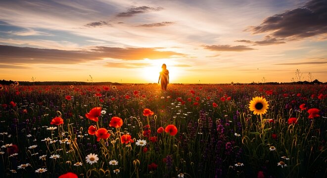 A silhouette of a person standing in a vast field of blooming wildflowers during a golden sunset, with a single sunflower in the foreground