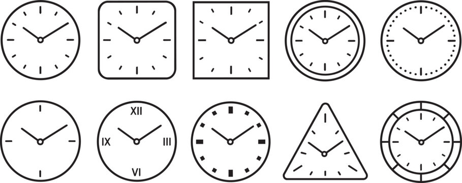 Set of diverse clock icon shapes in minimalist line style