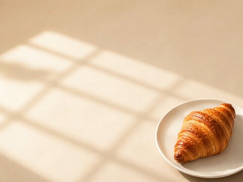Single Golden Croissant on Ceramic Plate, Minimalist Aesthetic Concept with Soft Window Shadow Overlay on Beige Background