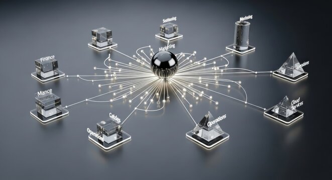 A futuristic network connection hub with multiple robotic machines interacting in a dark metallic environment.