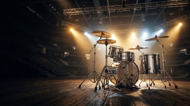 Full drum set kit on wooden stage illuminated by dramatic concert spotlights in empty arena, representing rock music concert, live performance, band rehearsal, and entertainment concept