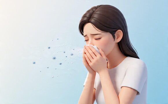 Woman sneezing with tissue in allergy concept illustration