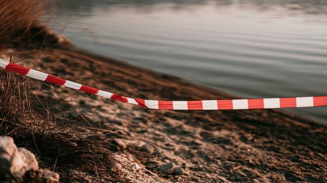 Red and white caution tape blocking access to sandy lakeshore with calm water and natural dried grass in warm soft evening light