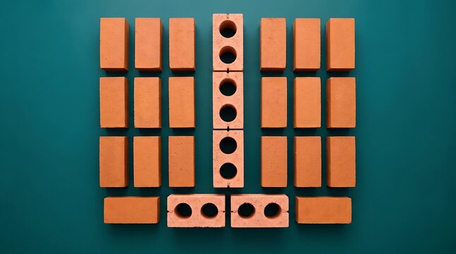Grid of orange clay bricks and perforated blocks on green background