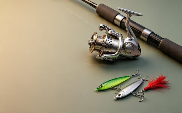 Fishing rod with reel and lures on a green background