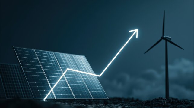 Solar panel and wind turbine with glowing upward arrow graph representing renewable energy growth and sustainable power development in clean technology innovation