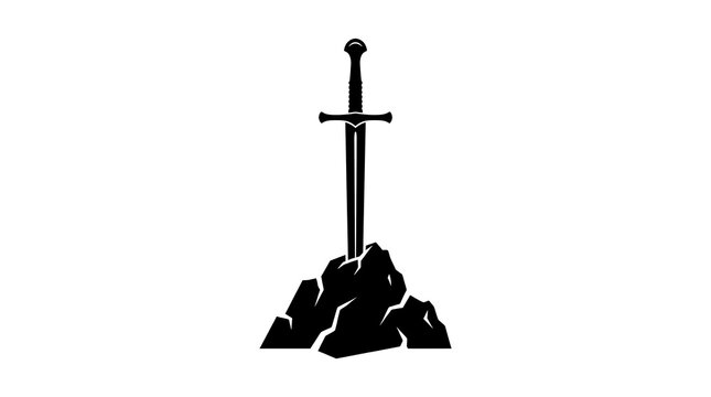 Sword embedded in a jagged rock silhouette
