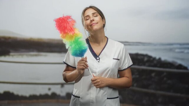 Cleaning lady in white uniform holds rainbow feather duster with eyes closed and a soft smile in studio with seaside backdrop; serenity.
