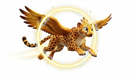 Fototapeta premium Mythical winged cheetah jumping through glowing energy ring