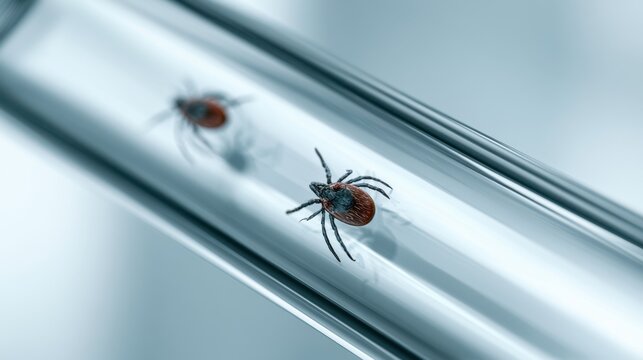 Close-up of tick insect crawling inside transparent glass tube isolated on light blue background macro photography detailed arachnid parasite in laboratory setting
