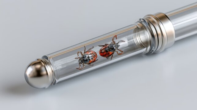Close-up view of two colorful beetle insects inside a transparent glass tube with metallic ends on a neutral background, macro photography of entomology specimen