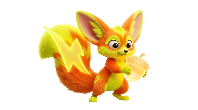 Cartoon fox character with lightning tail holding an acorn