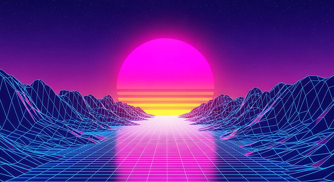 Retro synthwave landscape with glowing neon sun and digital mountain horizon synthwave retrowave landscape mountain vaporwave futuristic cyberpunk abstract aesthetic