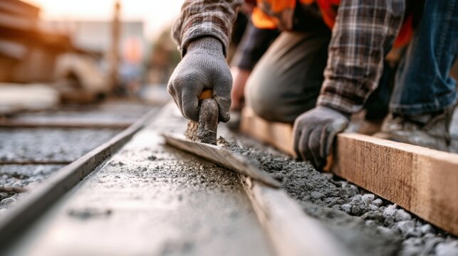 Construction worker smoothing freshly poured concrete surface near wooden formwork on outdoor urban building site during sunset time for infrastructure project