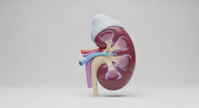 A detailed model of a human kidney with its various colorful internal structures exposed on a clean surface