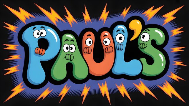 Vibrant cartoon letters spell PAULS with expressive faces and an apostrophe S. Orange lightning bolts