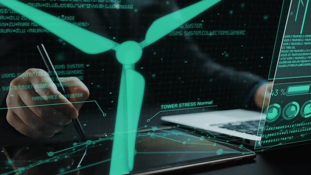 Explore a digital workspace where renewable energy concepts are represented, highlighting a wind turbine and data analytics for sustainable energy solutions. Cipher