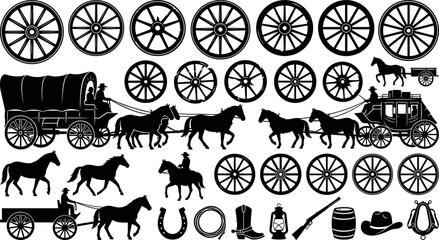 Wild West horse drawn carriage stagecoach and covered wagon silhouettes set with vintage wooden wheels cowboy gear elements isolated on white background © MstAduri