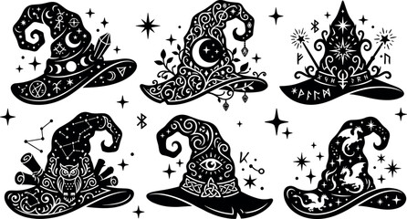 Witch hat silhouette vector set featuring mystical occult symbols celestial moons stars owls dragons and esoteric magic wizard icons' © MstAduri