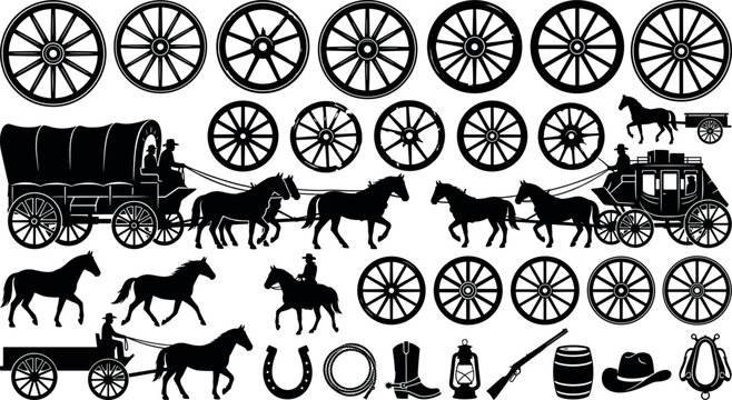 Wild West horse drawn carriage stagecoach and covered wagon silhouettes set with vintage wooden wheels cowboy gear elements isolated on white background