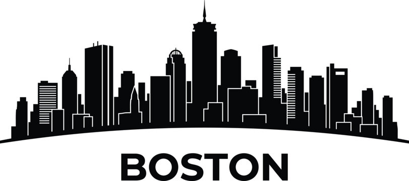 Boston city skyline black silhouette panorama vector illustration with major buildings landmarks text isolated on transparent white background
