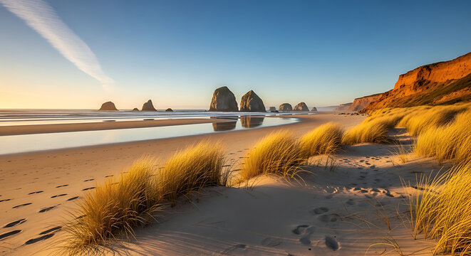 Coastal beach at golden hour with sea stacks and dune grass landscape shoreline seashore vacation