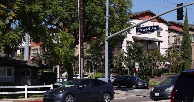 Street level view of dense housing near dowtown Yorba Linda, California, USA.